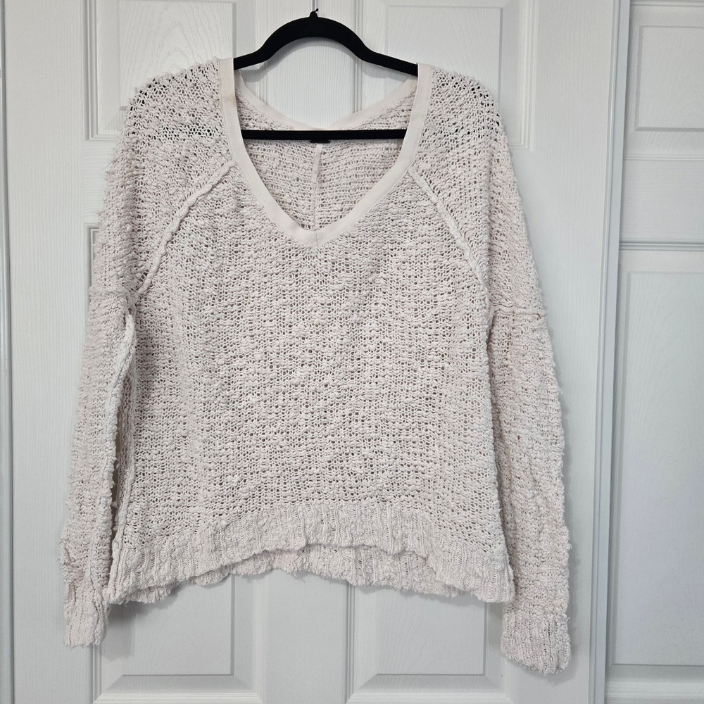 Free People Cream Chunky Knit V-Neck Sweater Womens XS Textured Cotton Pullover
